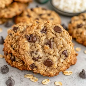 Golden-brown oatmeal rice krispie chocolate chip cookies on a white plate.