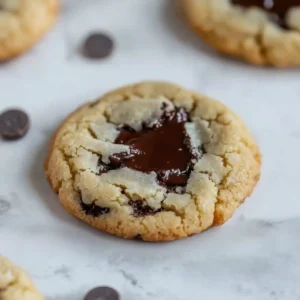 Golden brown cookie with melted chocolate filling on marble surface.