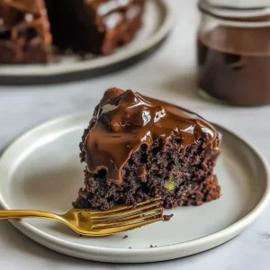 Gluten-free chocolate zucchini cake slice with fudge frosting on marble.