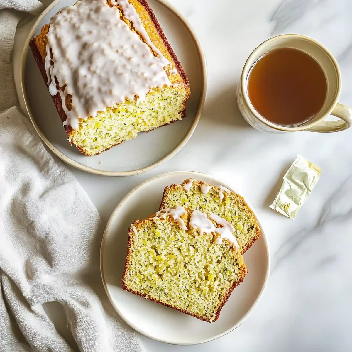 Sliced gluten-free lemon zucchini bread with sour cream glaze on marble.