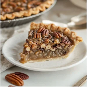 Gluten-free pecan pie with a golden crust and pecan topping.