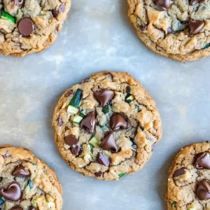 Four golden brown gluten-free zucchini cookies with melted chocolate chips on marble.