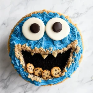 Round cake decorated as Cookie Monster with blue frosting and cookie accents.