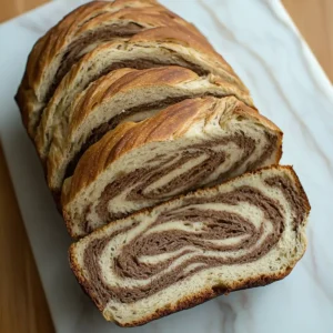 Sliced marble rye bread with caraway seeds on a marble surface.