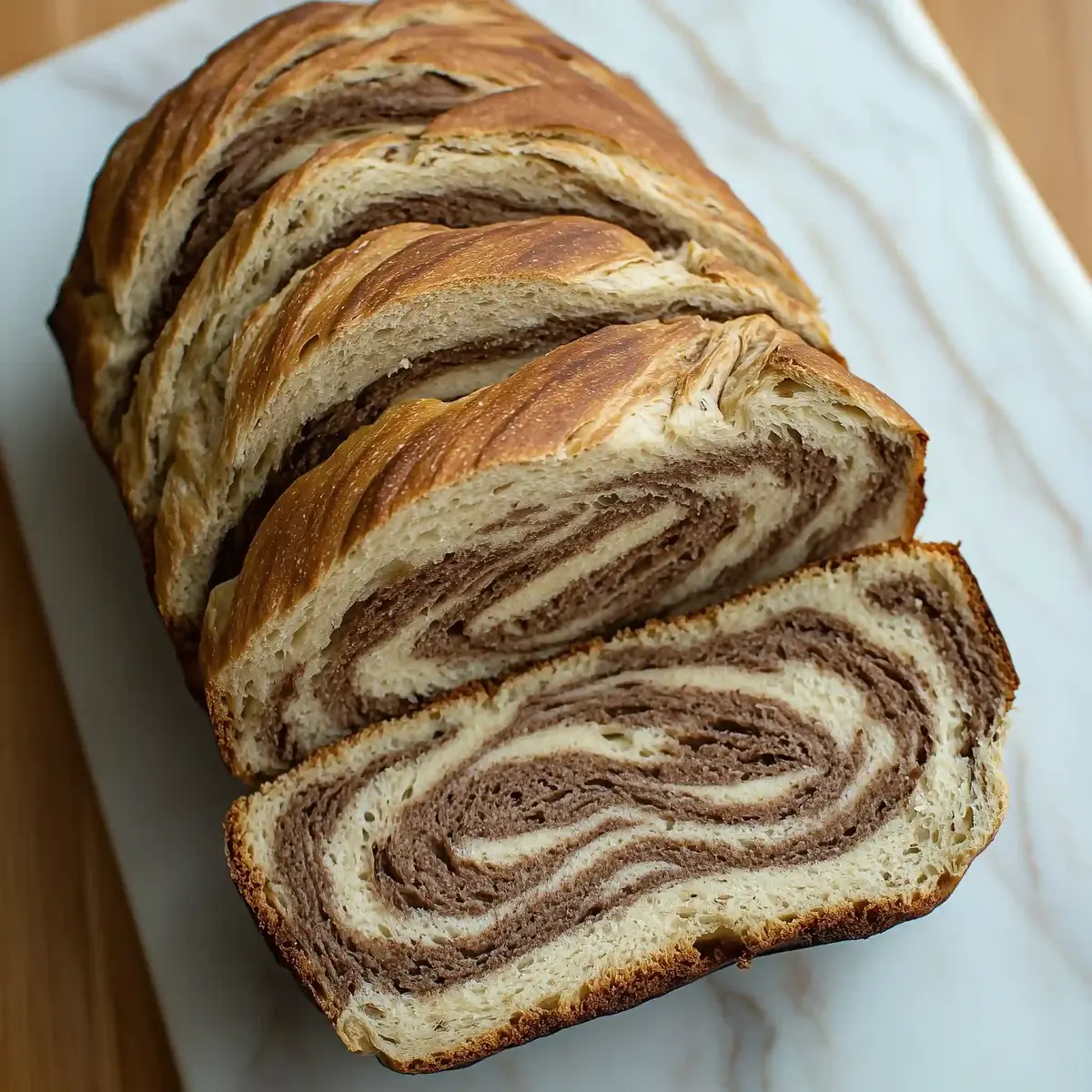Sliced marble rye bread with caraway seeds on a marble surface.