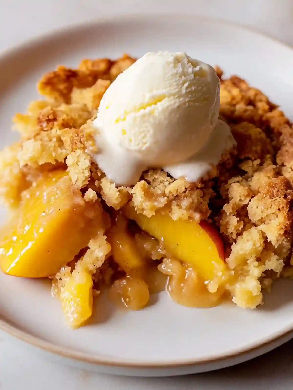 Peach cobbler with ice cream on a white plate, marble background