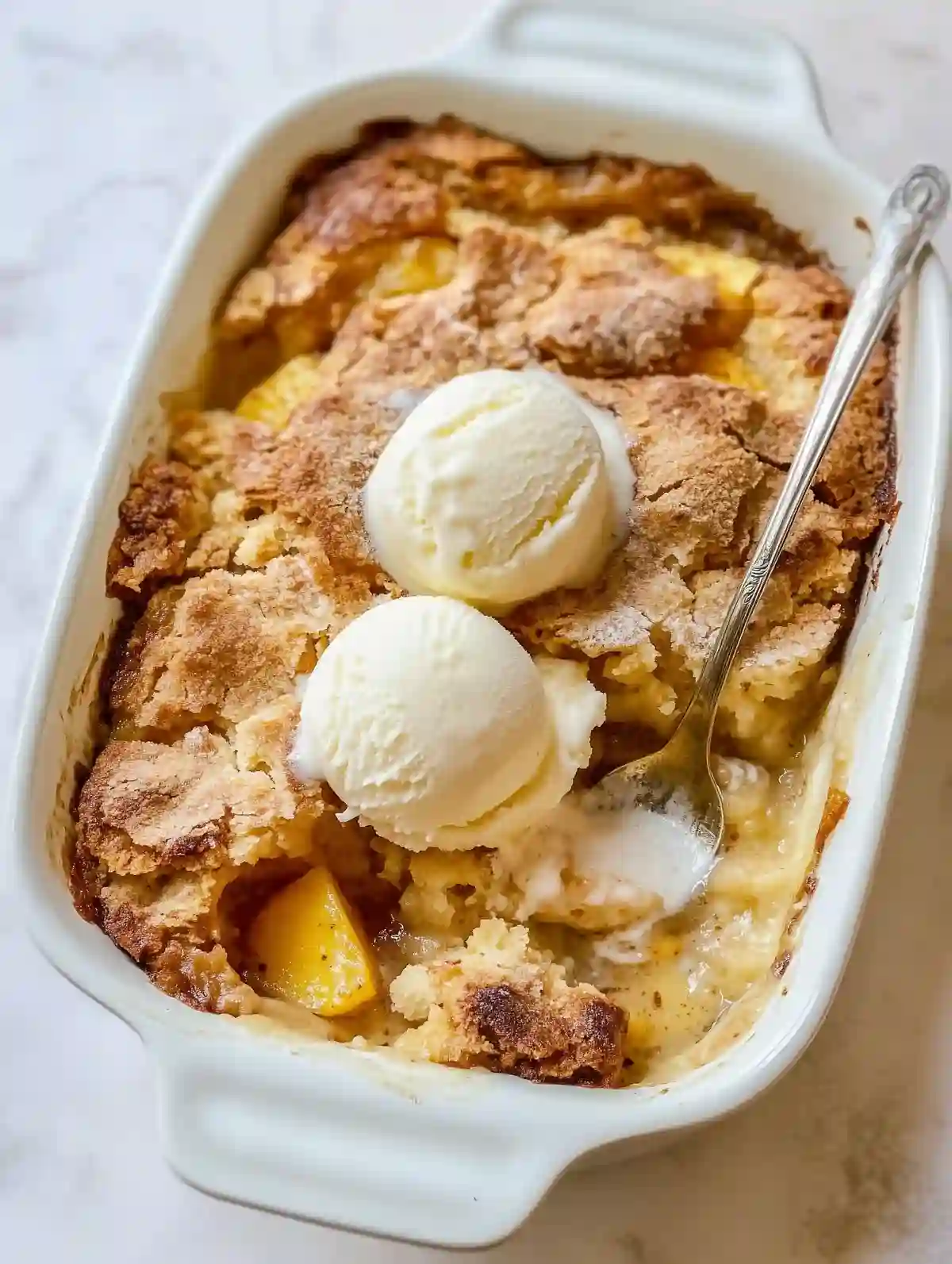 White ceramic dish with peach cobbler, topped with vanilla ice cream.