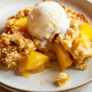 White ceramic dish with peach cobbler, topped with vanilla ice cream.