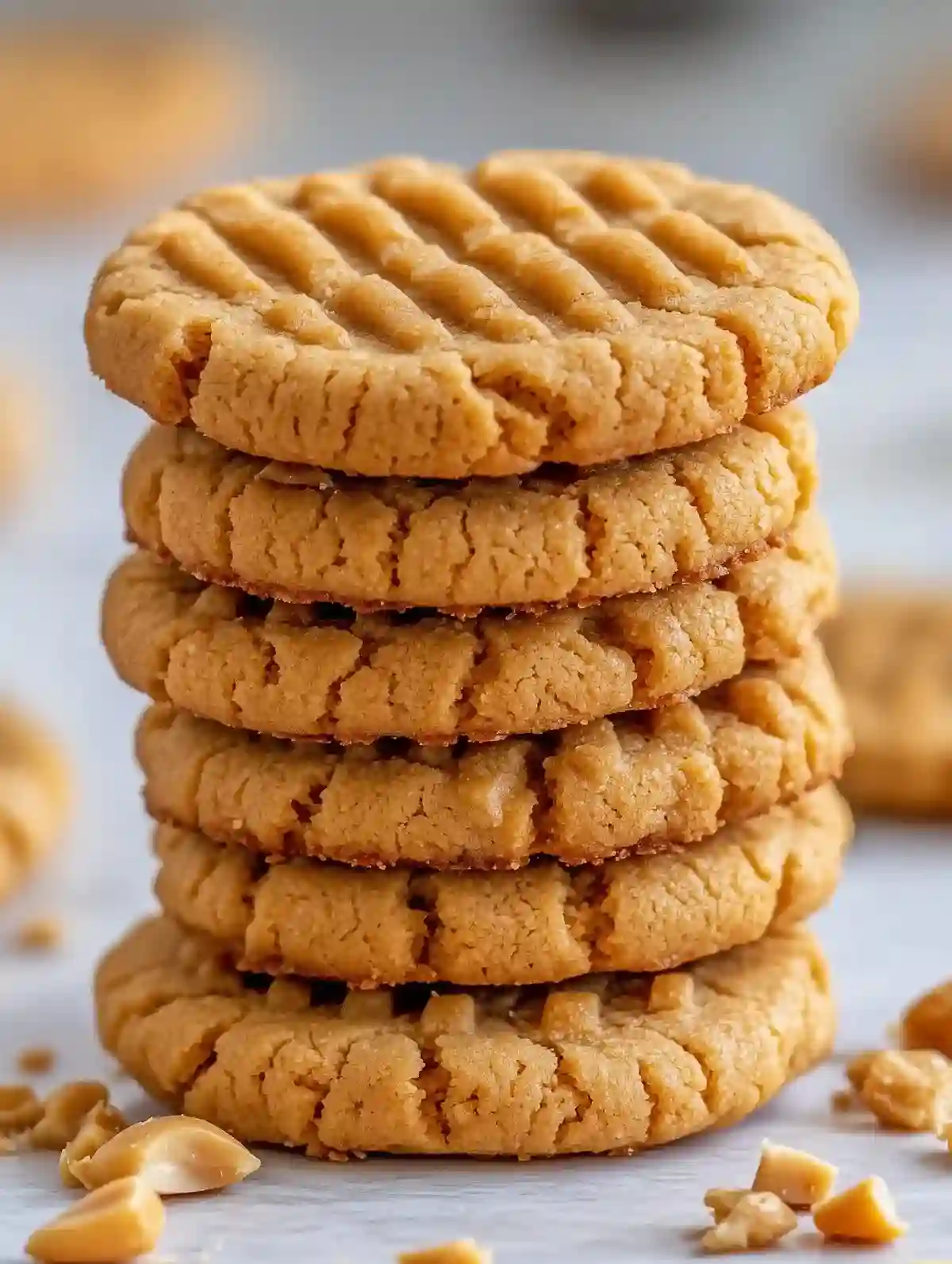 Stack of five crisscross-patterned peanut butter cookies on marble surface