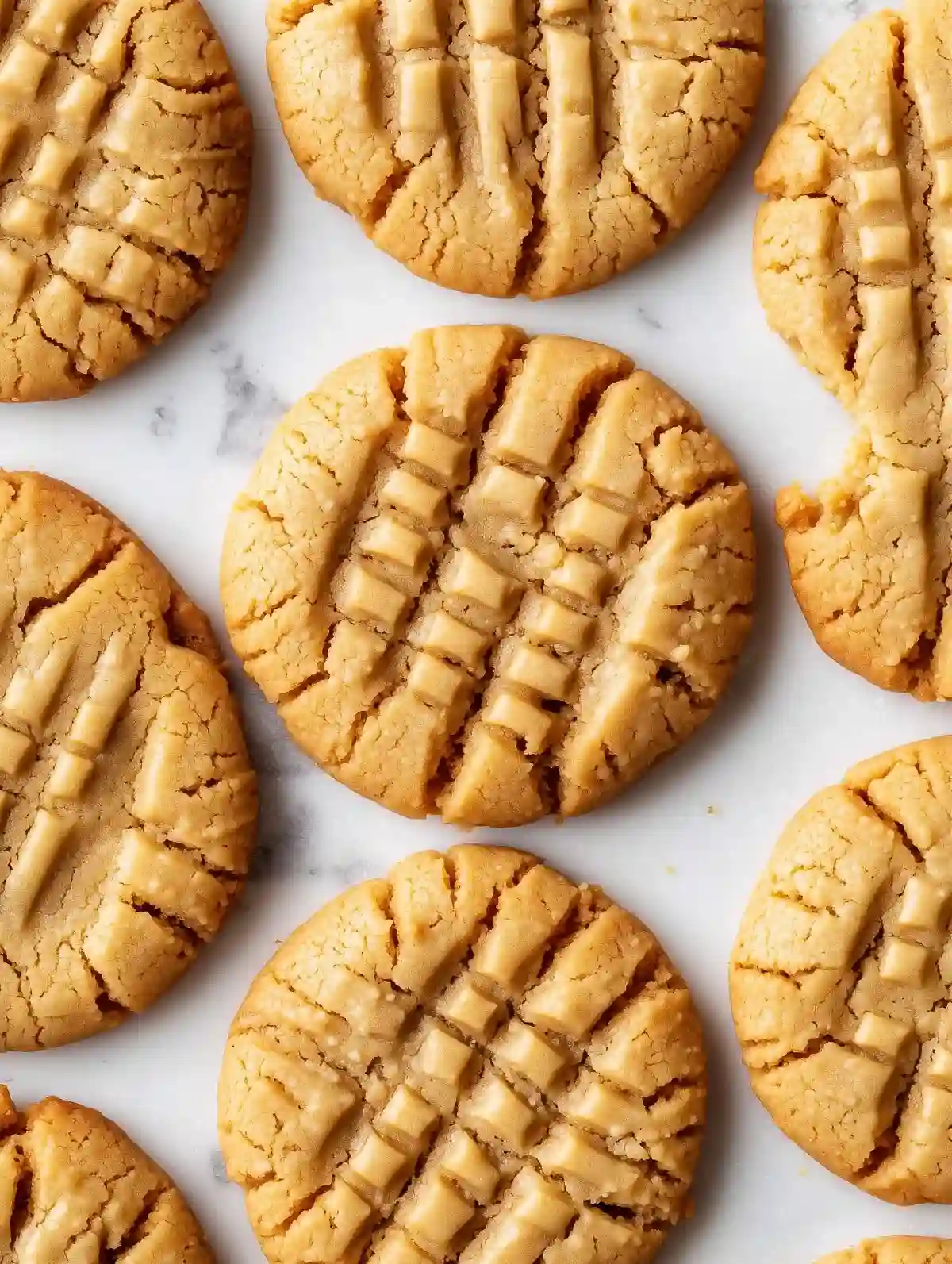Golden peanut butter cookies with fork marks on marble surface