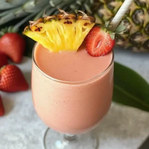 Pink tropical smoothie in glass with pineapple and strawberry garnish, on marble surface