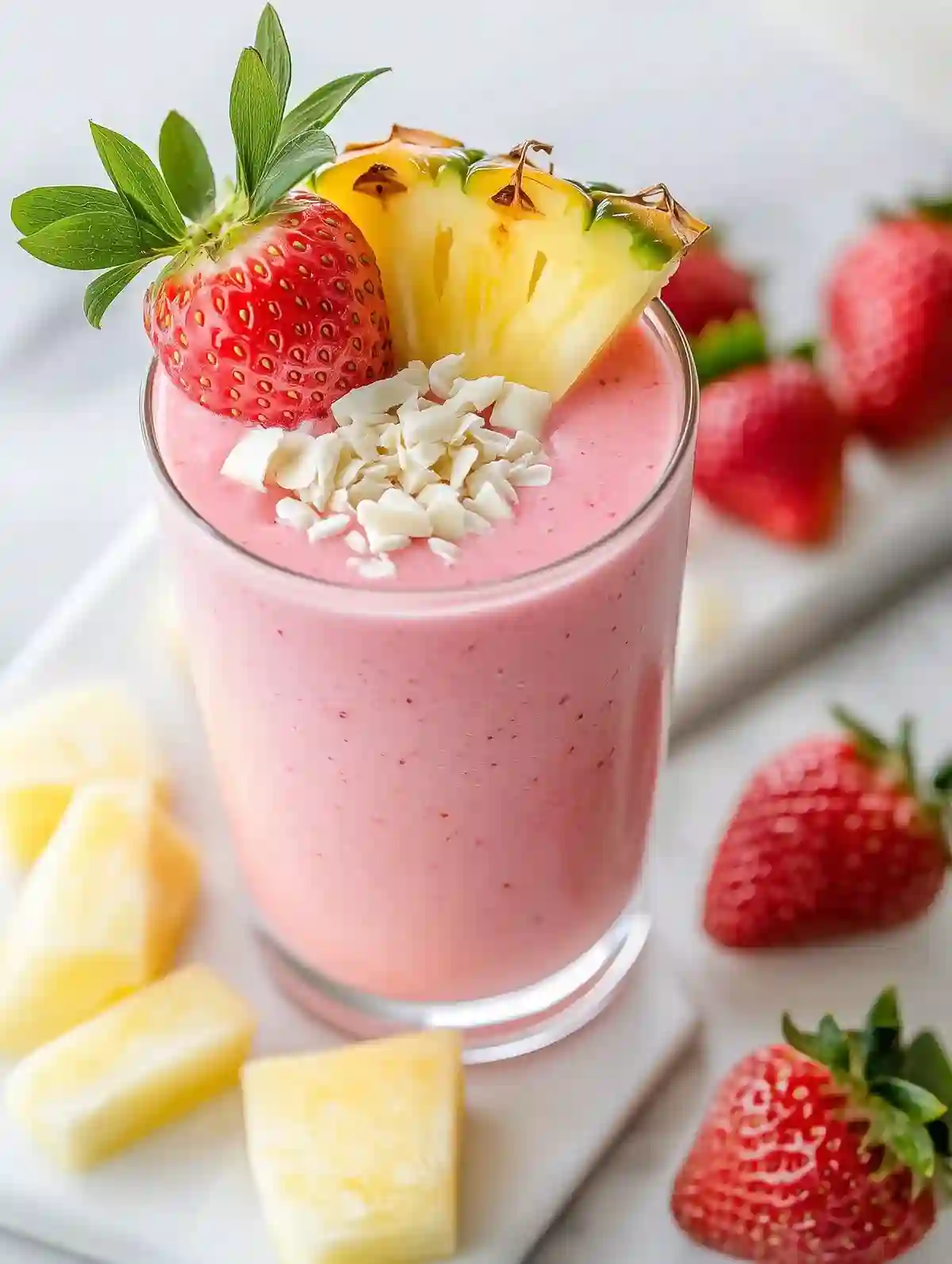 Tall glass of pink smoothie with strawberry, pineapple, and green leaves; white chocolate and strawberries on a white plate.