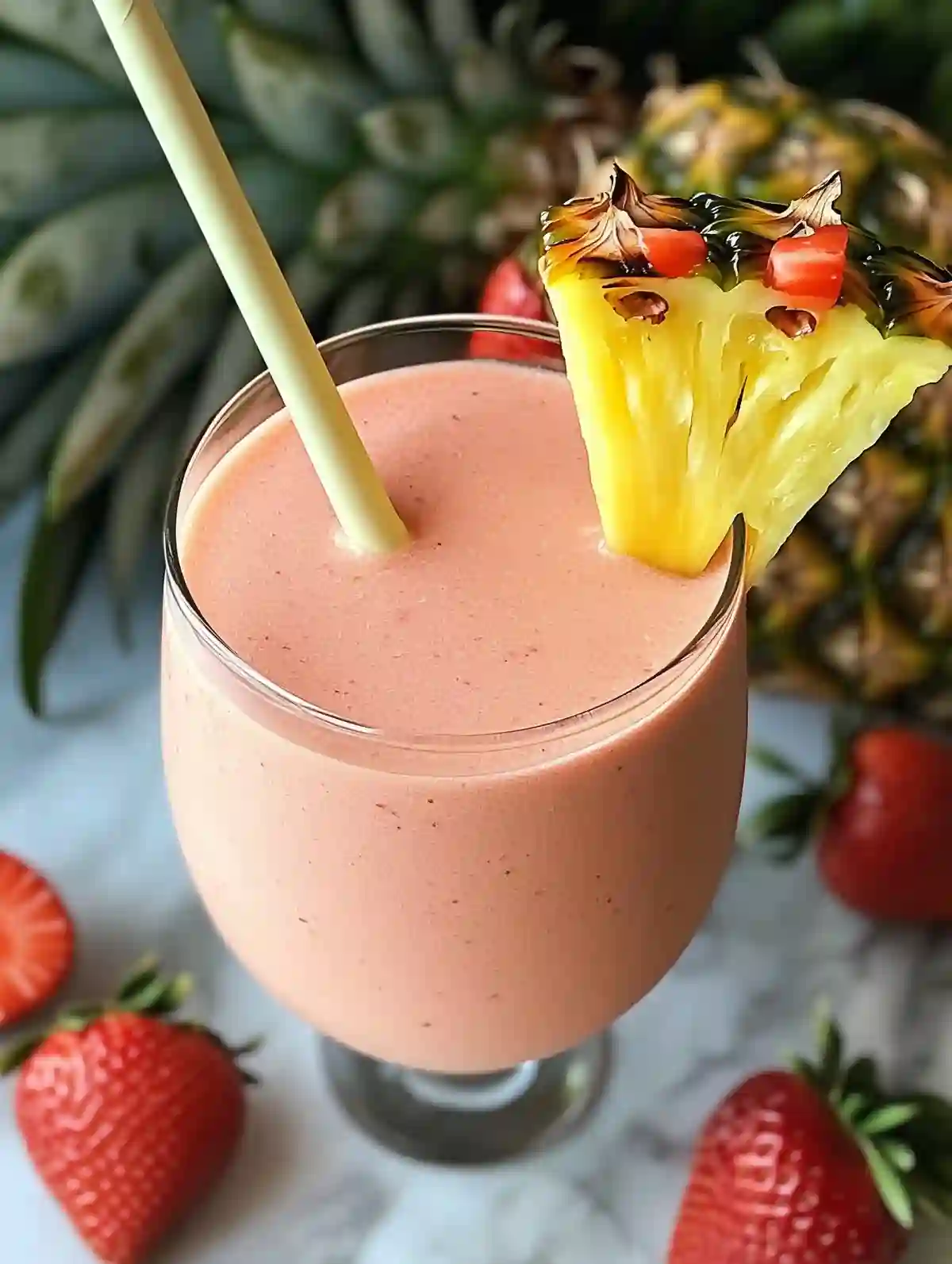 Pink tropical smoothie in glass with pineapple and strawberry garnish, on marble surface