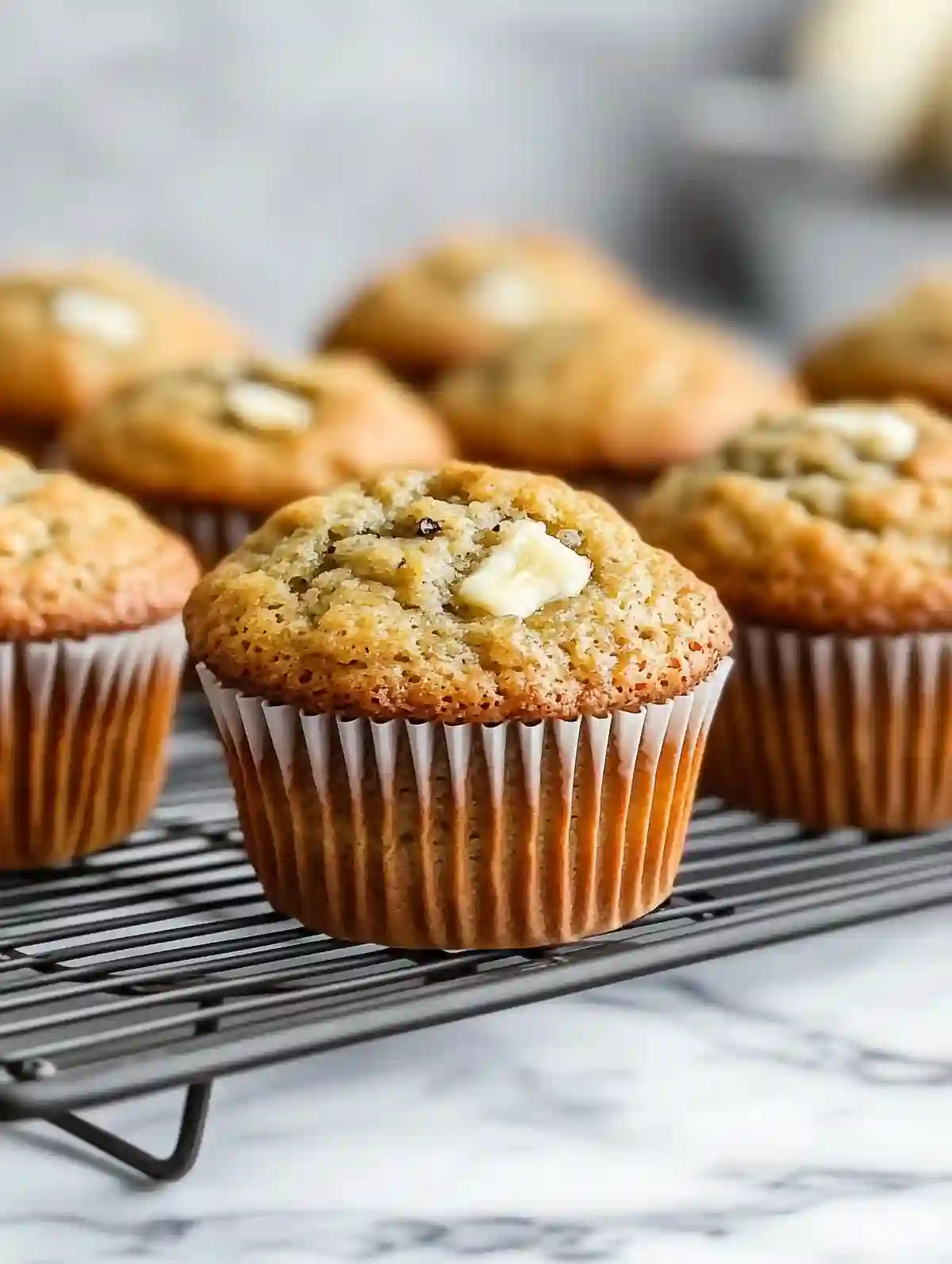 Golden-brown banana muffins in brown liners on a wire rack.