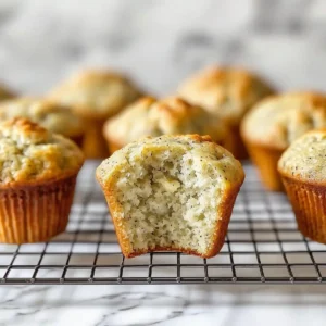 Golden-brown sourdough banana muffins on a wire rack, one sliced.