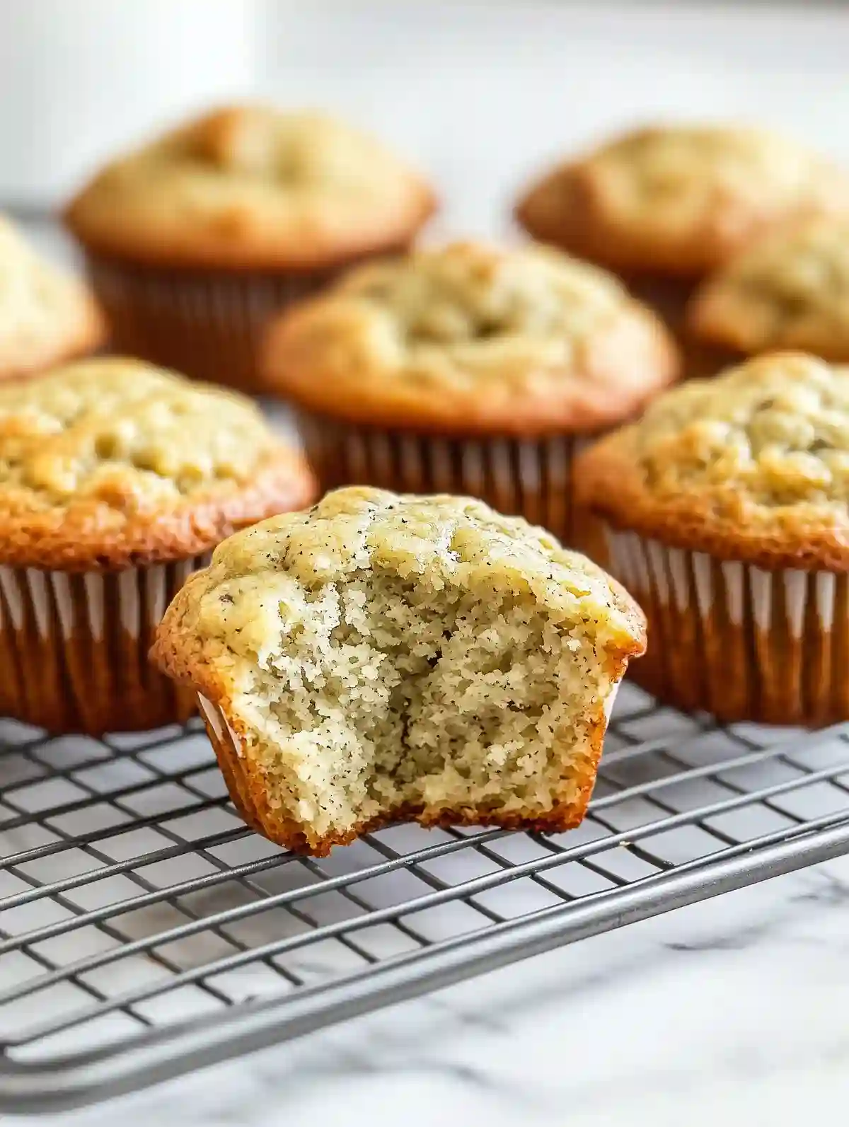 Golden-brown sourdough banana muffins on a wire rack, one sliced.