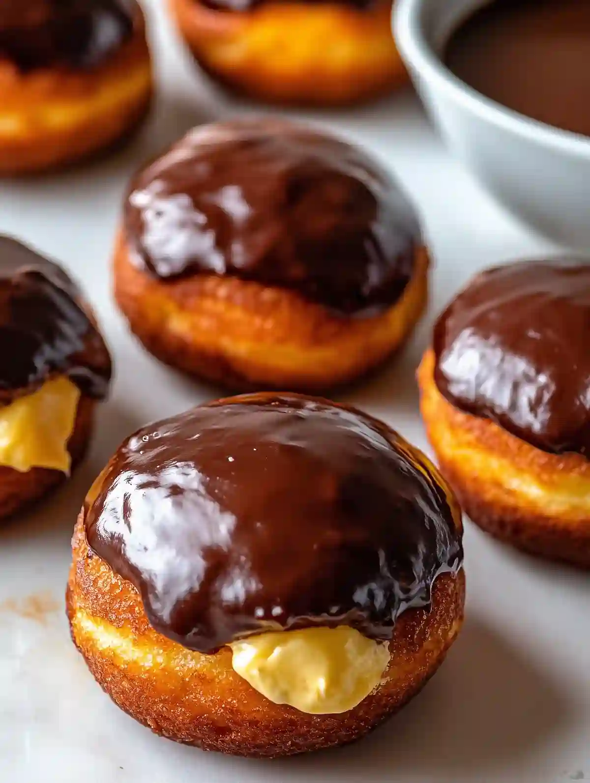 Golden-brown Boston cream donuts with chocolate glaze and vanilla filling.