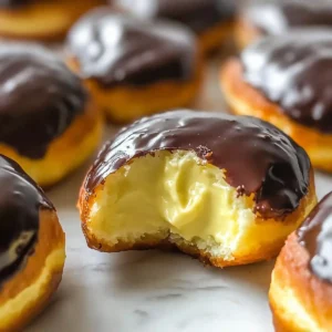 Boston cream donuts with chocolate glaze and vanilla filling on marble surface.