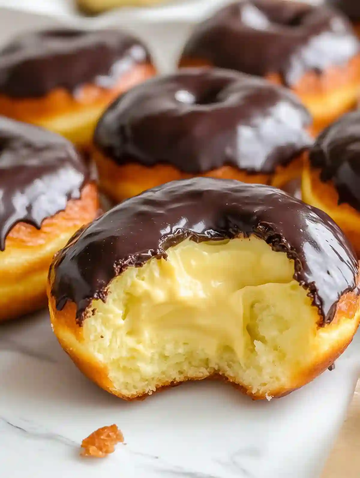 Boston cream donuts with chocolate glaze on a marble surface.