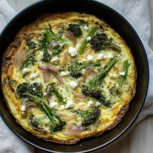 Broccolini frittata in skillet, topped with feta and sautéed onion.