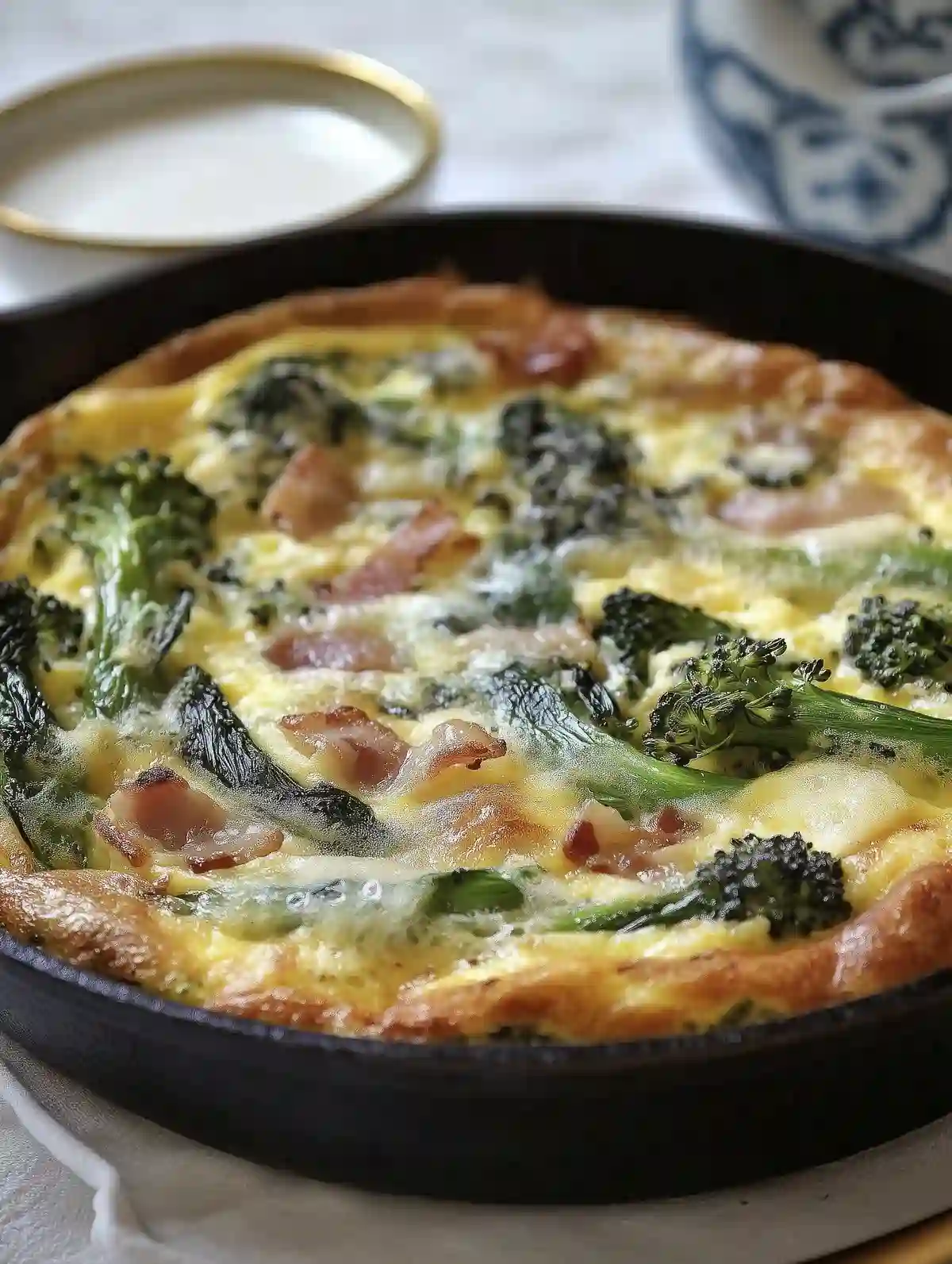 Broccolini frittata in a cast-iron skillet with herbs and bacon.