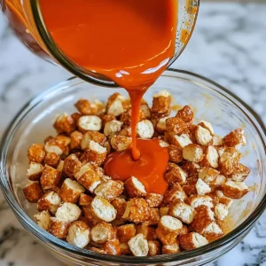 Glass bowl with pretzel pieces and orange sauce being poured over them