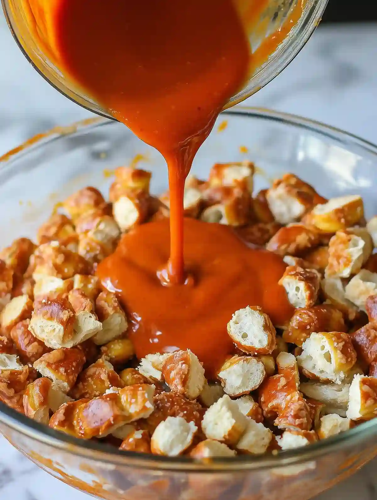 Orange buffalo sauce poured over broken pretzels on marble surface