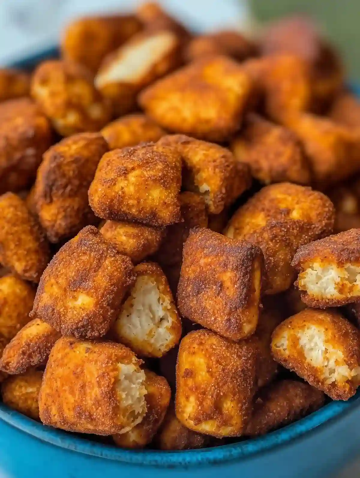 Crispy buffalo pretzel bites in a blue bowl on white marble surface