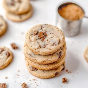 Stacked cookies with toffee bits on a marble surface, brown sugar nearby.