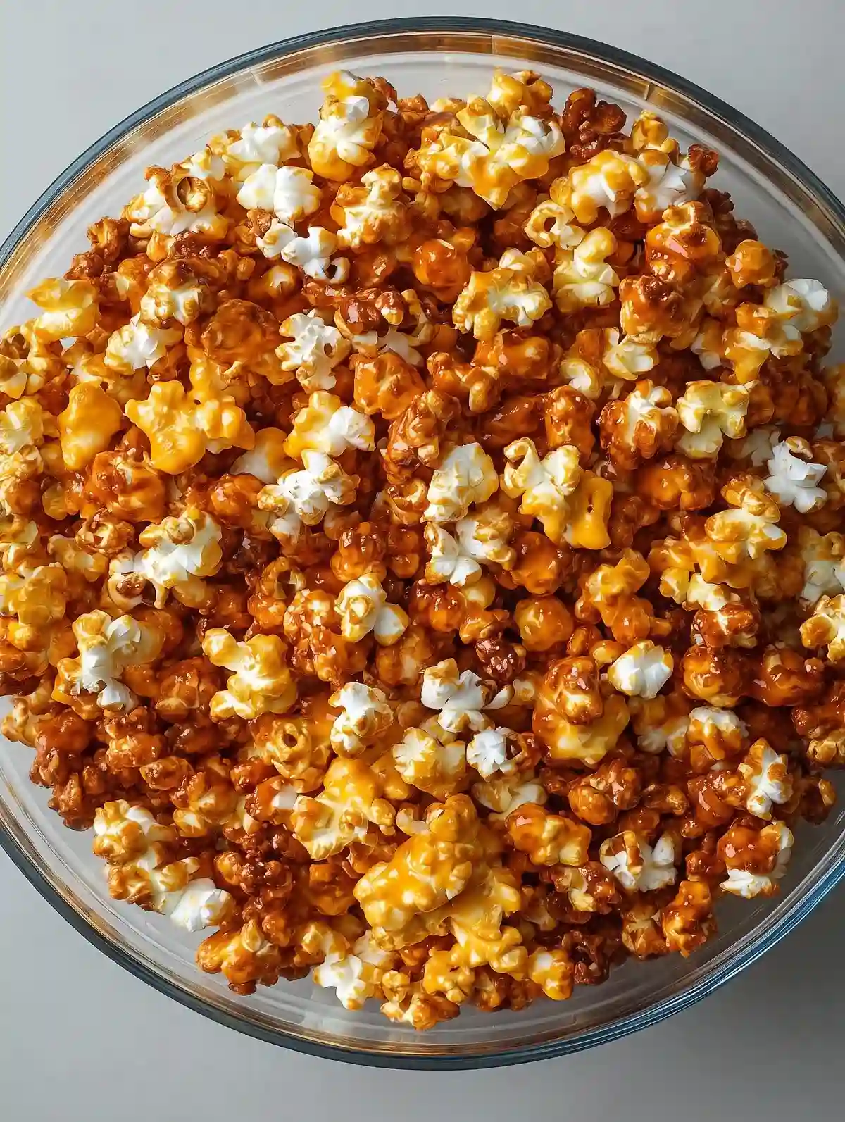 Clear glass bowl with colorful cheddar and caramel popcorn on marble surface