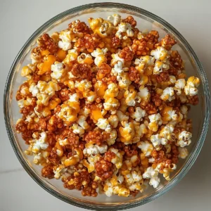 Clear glass bowl with colorful cheddar and caramel popcorn on marble surface