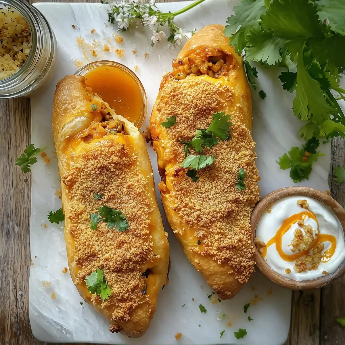 Two golden-brown stromboli rolls with breadcrumbs and cilantro on marble.