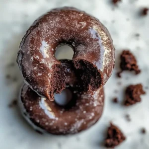 Chocolate glazed doughnut with a bite, crumbles on marble surface