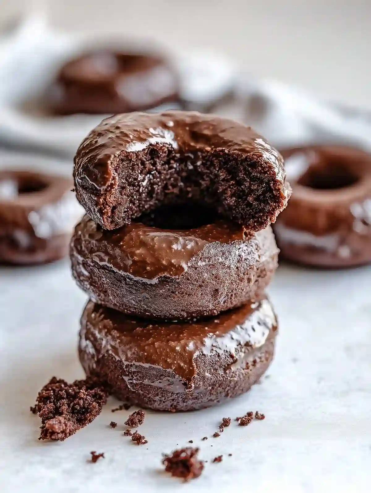 Stacked chocolate doughnuts with glaze, one bitten, on marble surface