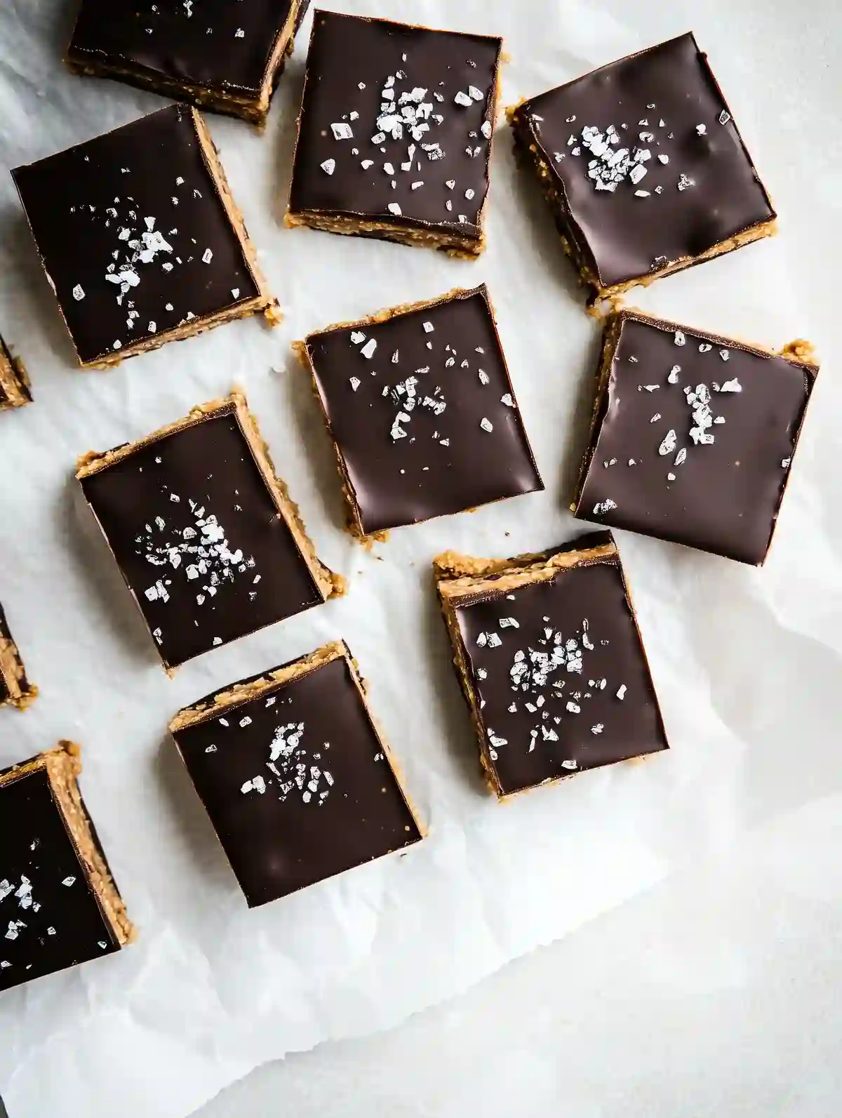 Rectangular chocolate peanut butter protein bars with dark chocolate and sea salt
