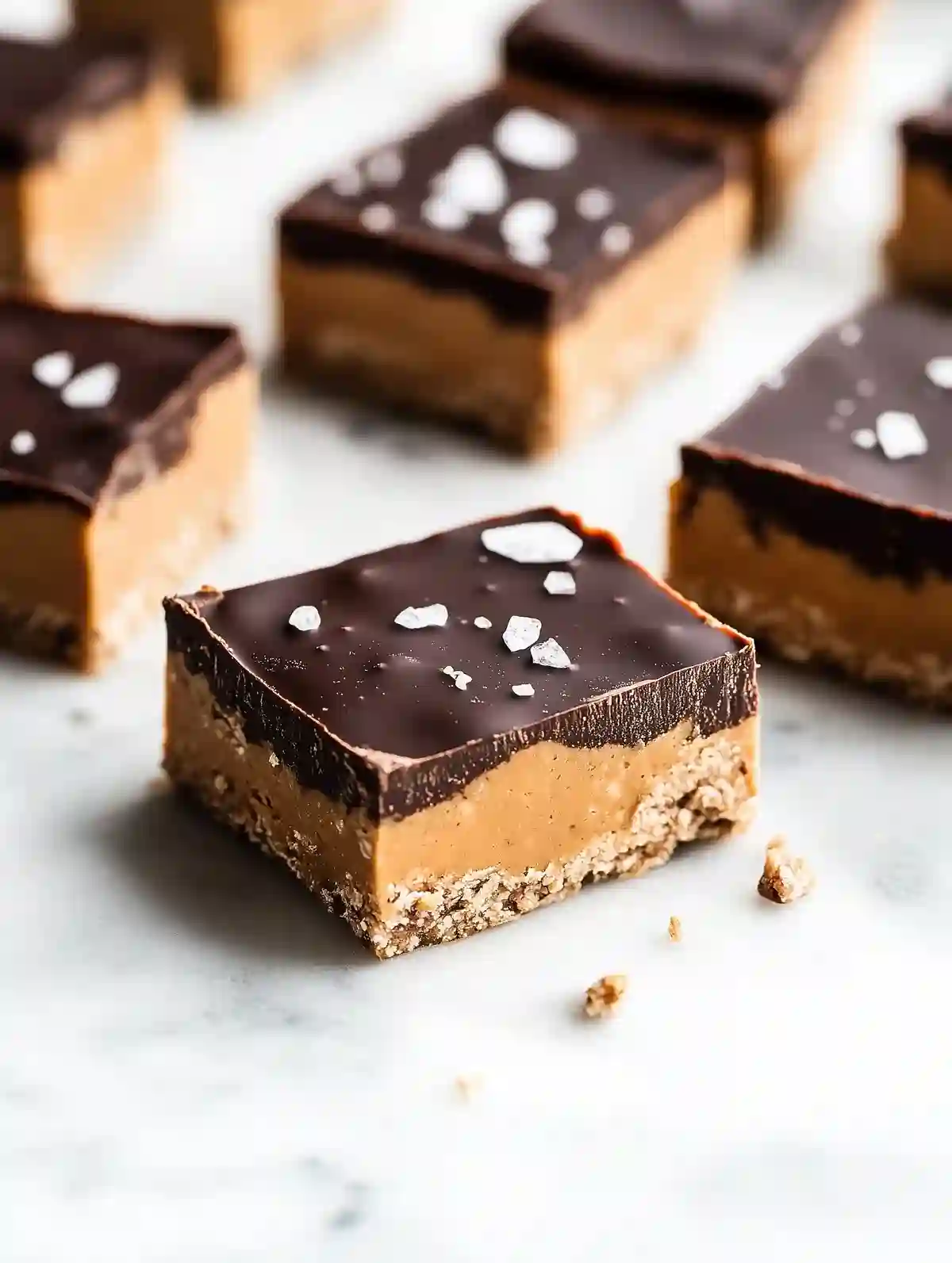 Chocolate peanut butter protein bars with chocolate topping and salt dust