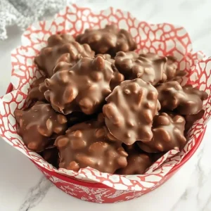 Chocolate peanut clusters in a decorative box on white marble surface