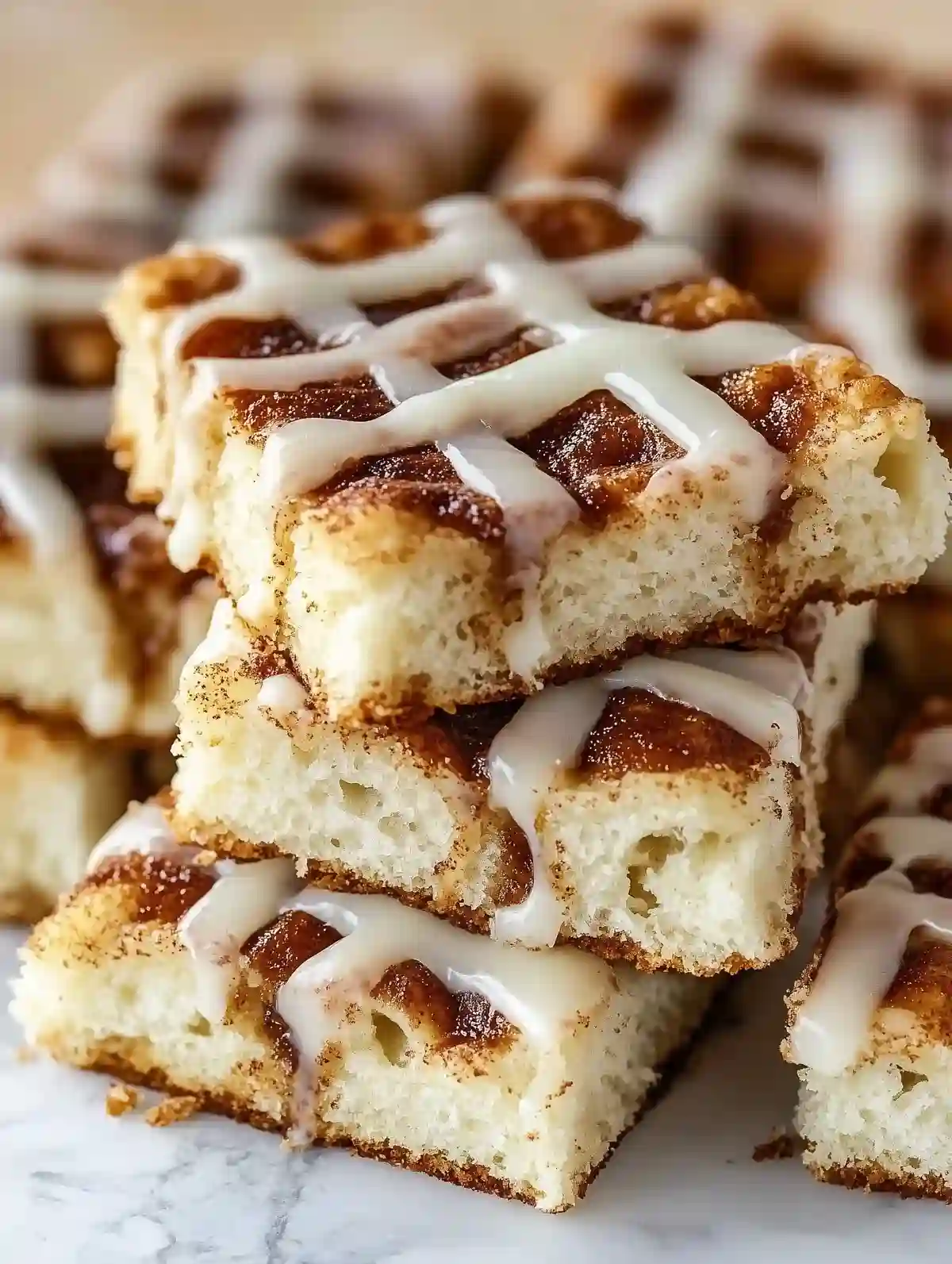 Stacked cinnamon roll focaccia with glaze on marble surface