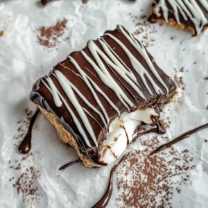Chocolate-covered dessert with white drizzle, revealing marshmallow filling.