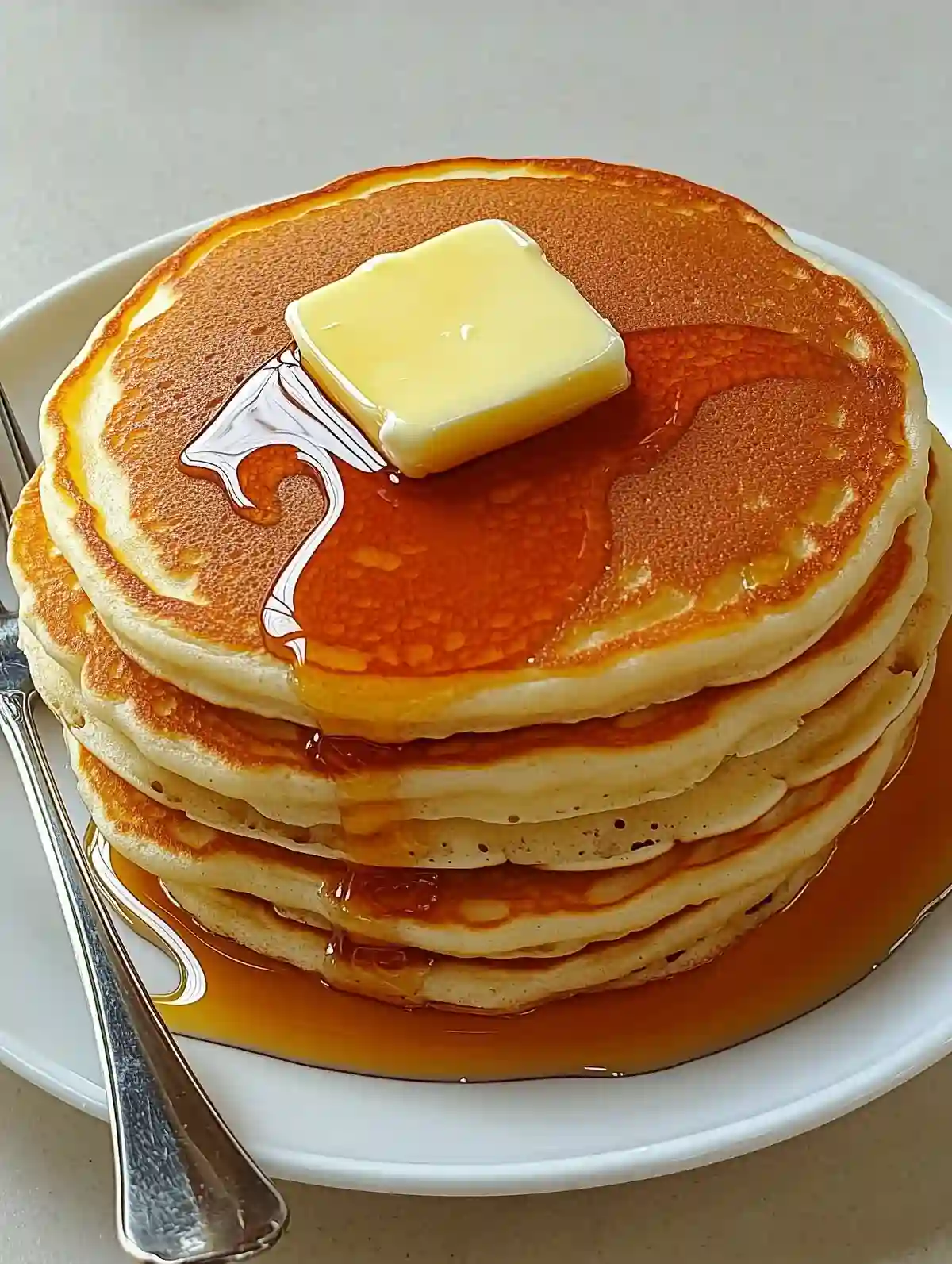 Stacked golden-brown pancakes with melting butter and syrup on a white plate