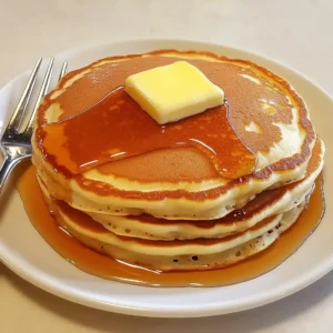Stack of three golden-brown pancakes with melting butter and syrup