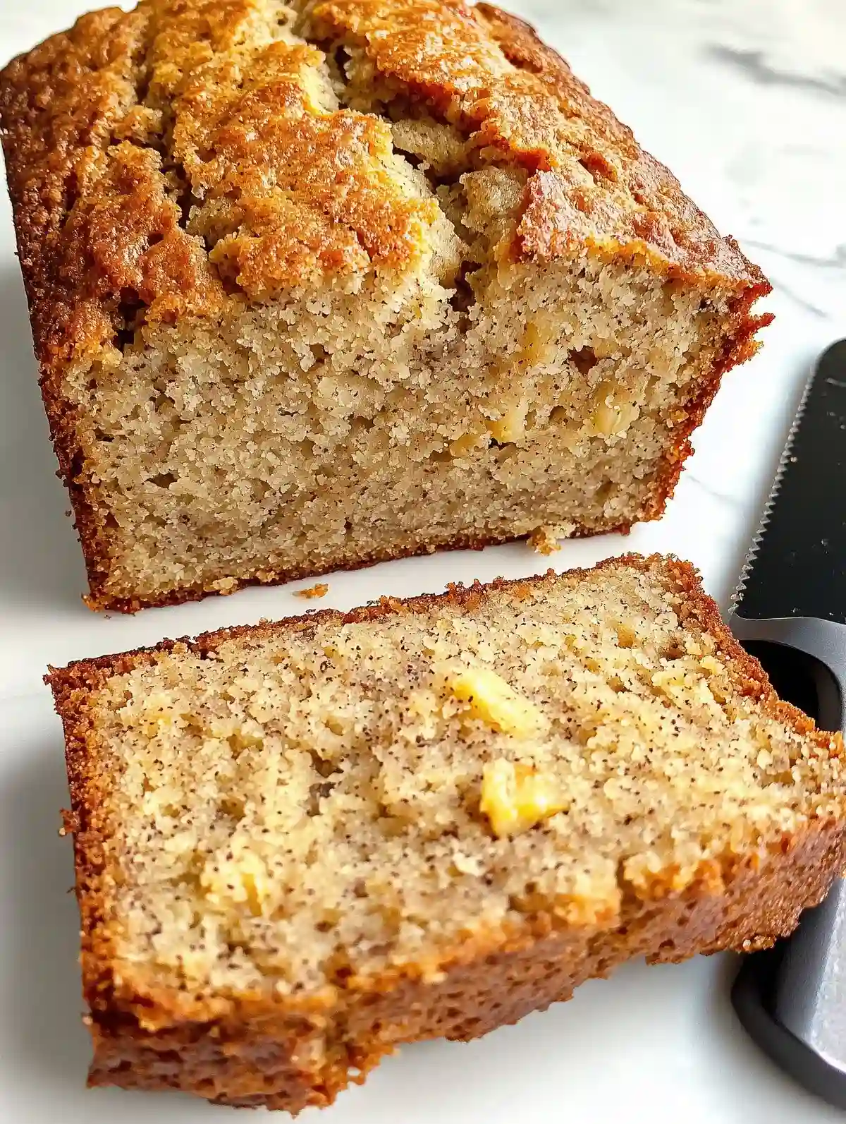 Sliced banana bread on marble surface with a black knife beside it.