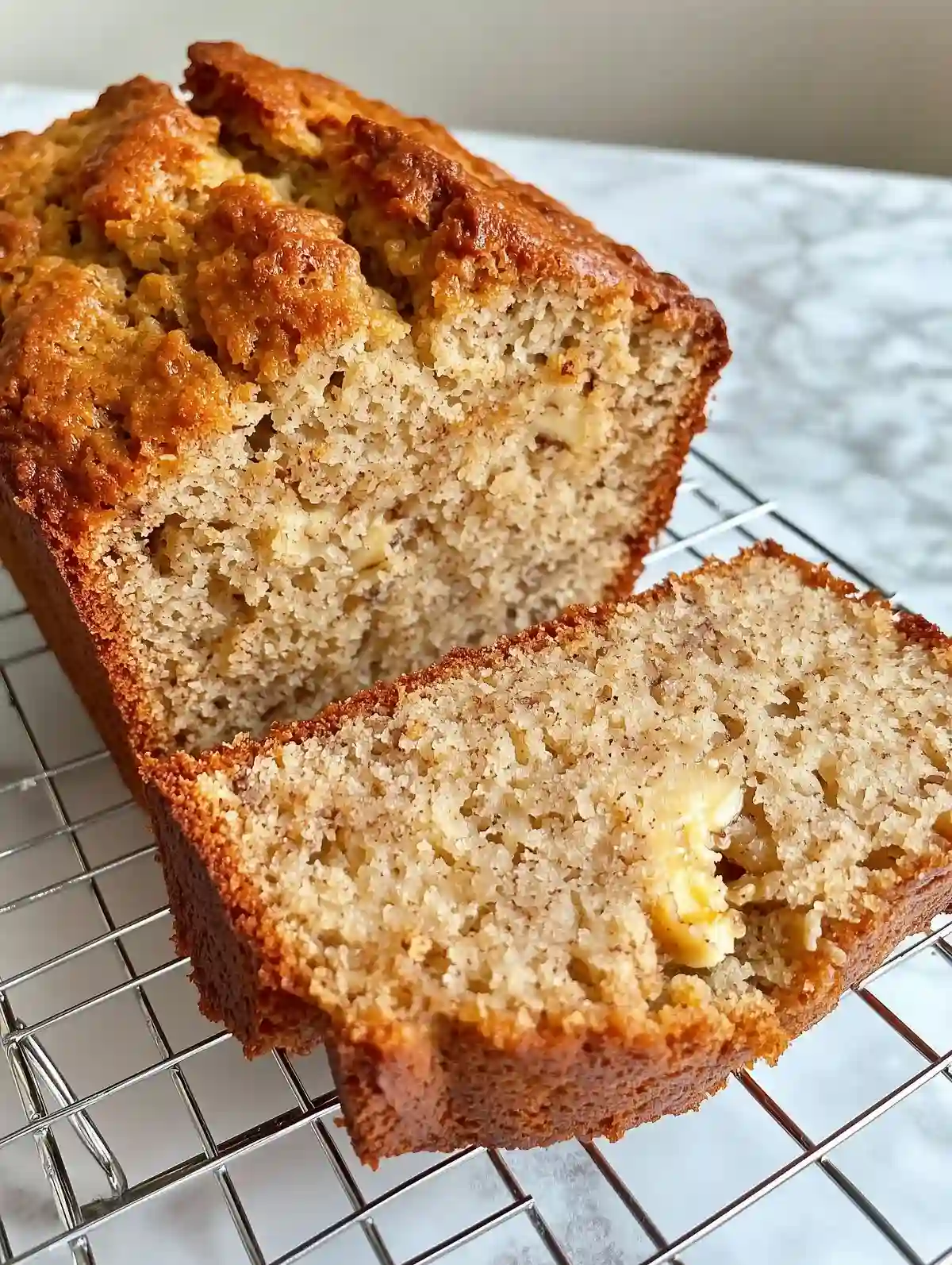 Golden-brown banana bread on a wire rack, partially sliced to show texture.