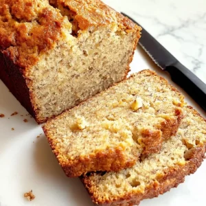 Sliced banana bread on marble surface with a black knife beside it.