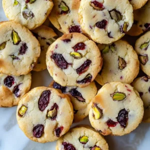 Round cookies with cranberries and pistachios on a marble surface