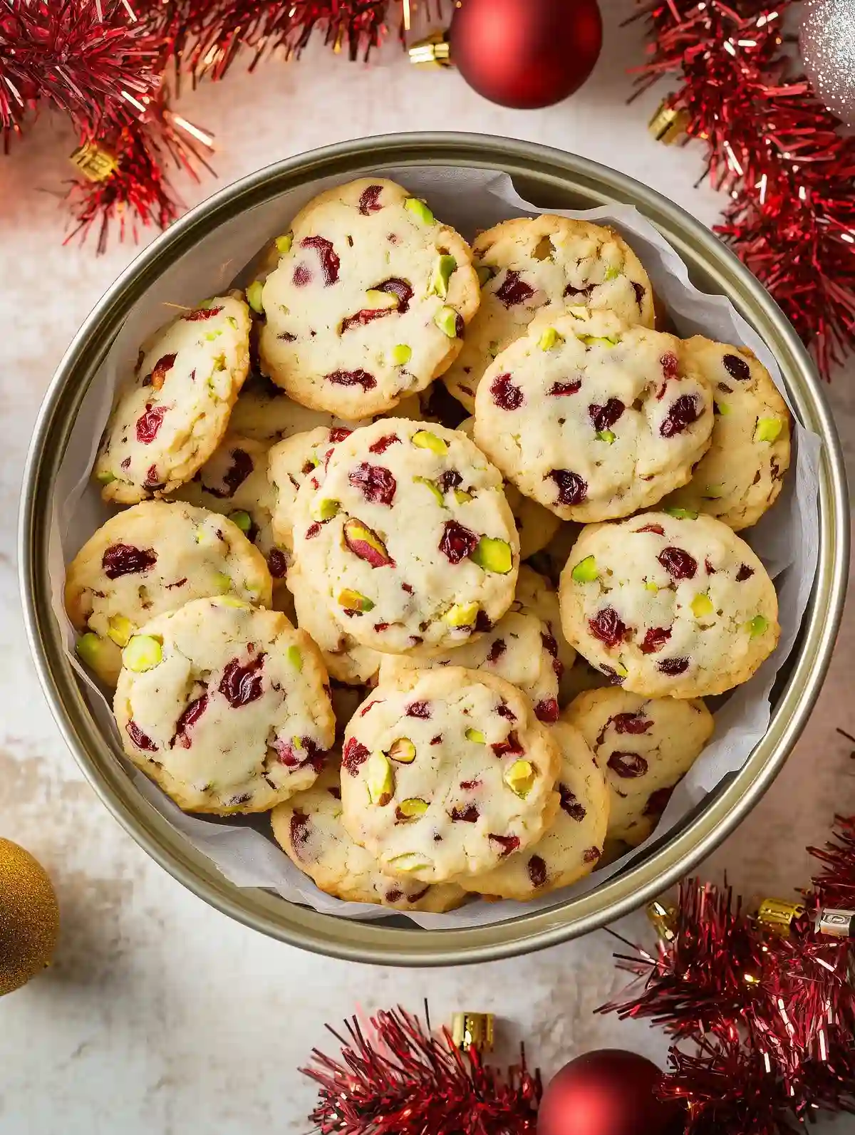 Round tin with cranberry pistachio shortbread cookies on white marble surface