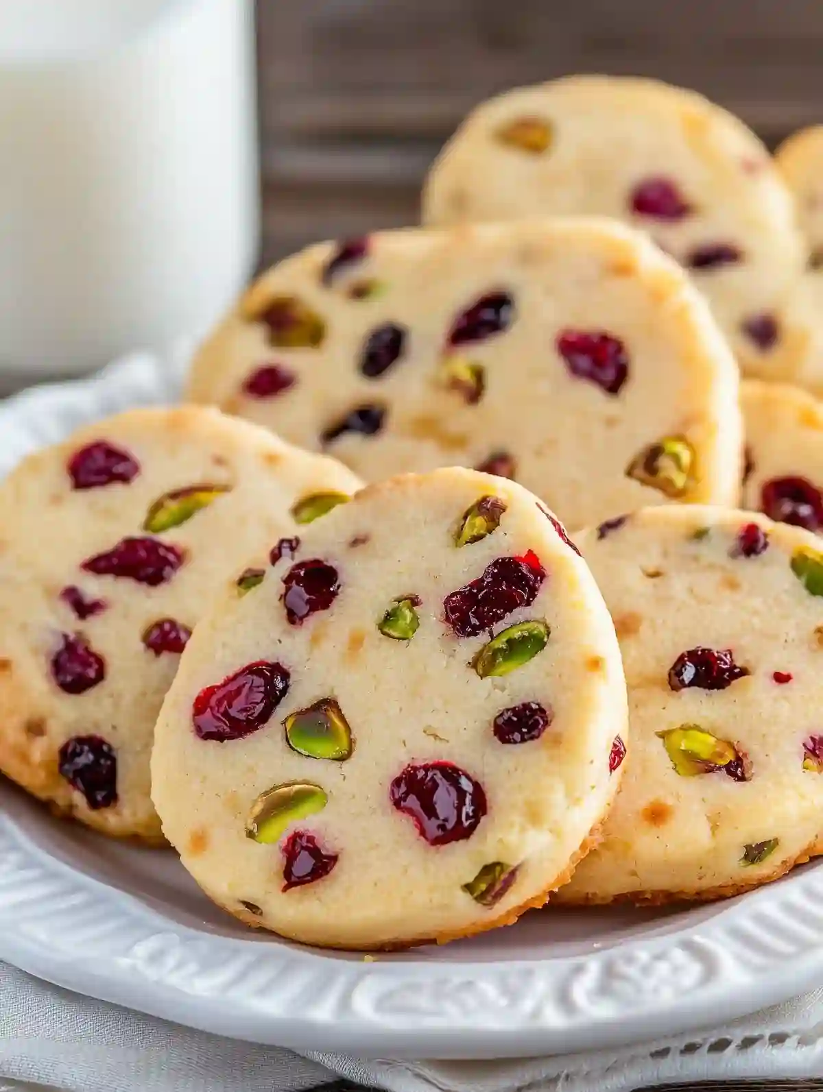 Cranberry pistachio shortbread cookies on a white plate with milk