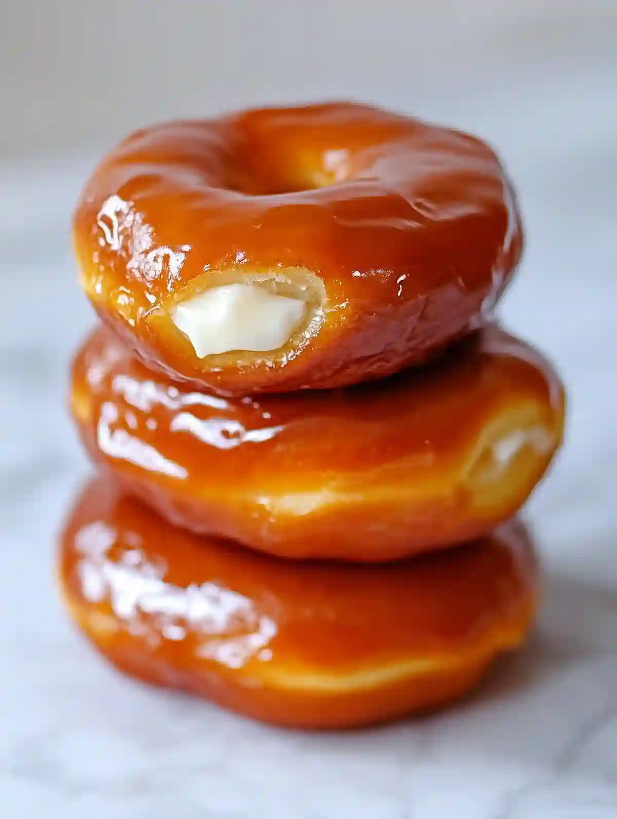 Three glazed donuts stacked on white marble surface, filling visible