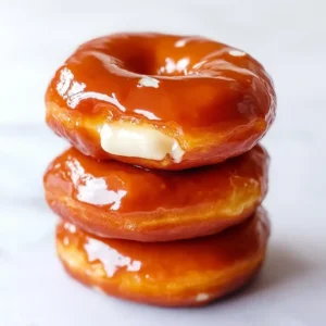 Three glazed donuts stacked on white marble surface, filling visible on sides.
