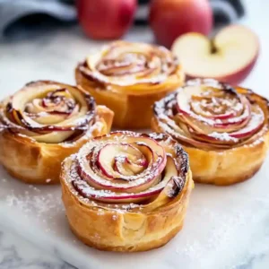 Five apple rosettes with sliced apples on a marble surface, dusted with powdered sugar